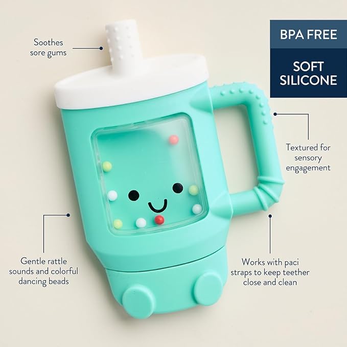 Itzy Ritzy Silicone Rattle Teether– BPA-Free Silicone Teether with Rattle for Babies & Toddlers – Features a Gentle Rattle Sound, Colorful Beads & Multiple Textures (Travel Cup)