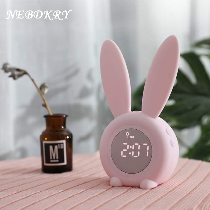 KDtech Kids Alarm Clock with Night Light 6 Ringtones, Cute Pink Bunny Digital Alarm Clock for Kids, Touch Control and Rechargeable Sleep Trainer Clock for Boys Girls Bedroom