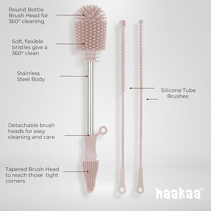 Haakaa Silicone Cleaning Brush Kit – Household Cleaning Brushes for Bottles and Crevices – Food-Grade Silicone: Dishwasher Safe (Brush-Grey)