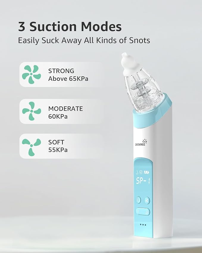 GROWNSY Nasal Aspirator for Baby with Protection Mode, Comes with 2 Larger Suction Chambers and 6 Food-Grade Soft Silicone Tips, Light Blue