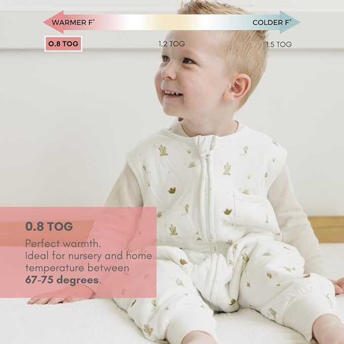 Tealbee DREAMSUIT: Toddler Sleep Sack with Feet 12-18 Months, 18-24 Months - 0.8 TOG Lightweight Summer Baby Wearable Blanket for Walkers - Rayon Made from Bamboo, Organic Cotton Sleeping Bag - Cactus