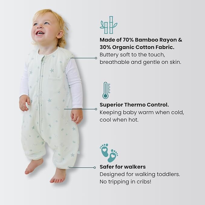 Tealbee Dreamsuit: Toddler Sleep Sack with Feet 3T 4T - 1.5 TOG Winter Baby Wearable Blanket for Walkers - Rayon made from Bamboo, Organic Cotton Sleep Bag - Seashell