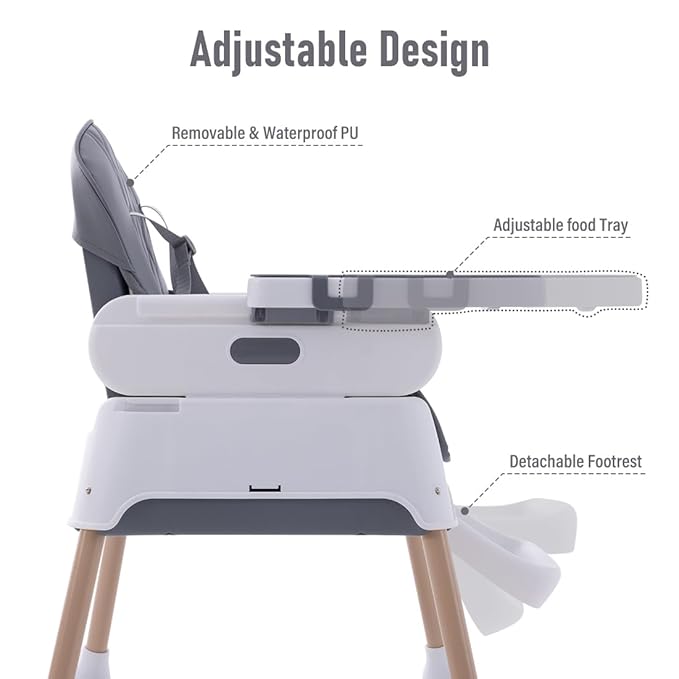 3 in 1 Baby High Chair,Adjustable Convertible Infant Baby Feeding Chair Booster for Eating with Detachable Double Tray,5 Point Harness,Deep Gray