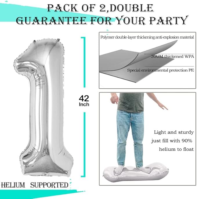 GOER Silver Number 1 Foil Balloons,Huge Number Balloons for 1st 11st Birthday Party Supplies Anniversary Decorations(3 pcs,42 inch,32 inc,16inch)