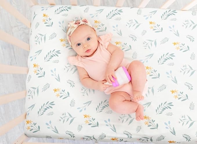 4 Pack Sage Green Fitted Nursery Sheets Breathable Neutral Unisex Baby Sheets for Boys or Girls with Leaf and Flower Design Standard Crib Sheet (Green, Crib Sheet)