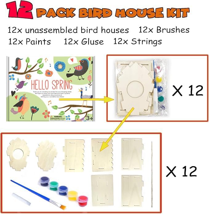 hapray 12 Pack Bird House Kit, DIY Birdhouse Kits, Wooden Crafts Arts for Children to Build and Paint (Includes Paints & Brushes) for Kids Girls Boys Toddlers Christmas Gift