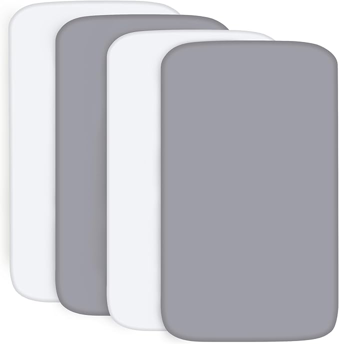 4-Pack Fitted Pack and Play Sheets for Boys and Girls - Breathable, Soft Microfiber Baby Sheets in Grey and White