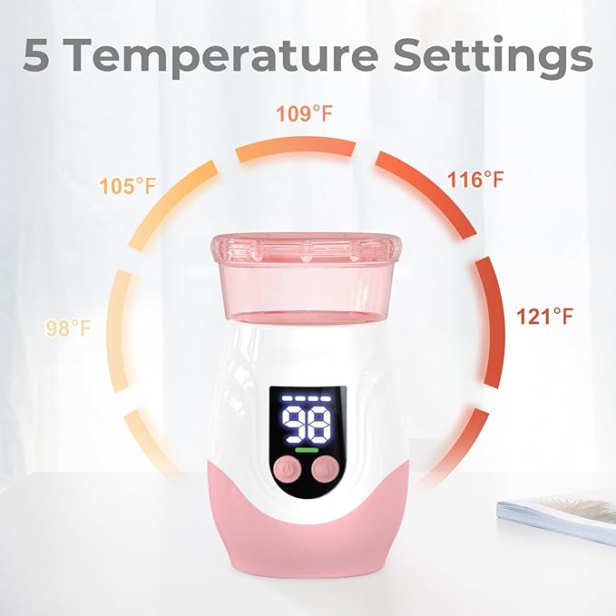 Portable Cordless Baby Bottle Warmer for Travel, Rechargeable with 8 Adapters & 1 Milk Powder Container, Safe Material, Fast Heating, Compatible with Major Brands,Pink