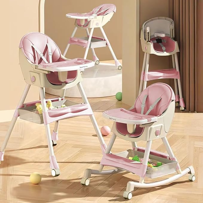 High Chairs for Babies and Toddlers, 4 in 1 Convertible Baby High Chair, Portable High Chair for Travel with Adjustable Height and Back, Foldable HighChair with Wheels& Pu Cushion