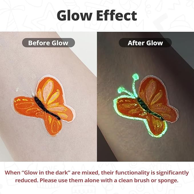 Grida Face Painting Kit for Kids - Grida Professional Party Kit Night Pack with 12 Skin-Safe, Vegan, Cruelty-Free, 2 Art Brushes, 1 Palette - Easy-Remove Face Paint & Glow in Dark Effect