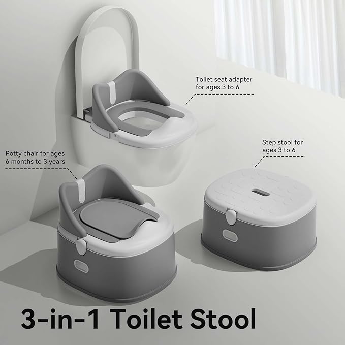 3 in 1 Toddler Potty Training Toilet Seat with Steps Ladder, Foldable Potty Train Chair Adapter for Toddlers Kids Boys Girls, Gray