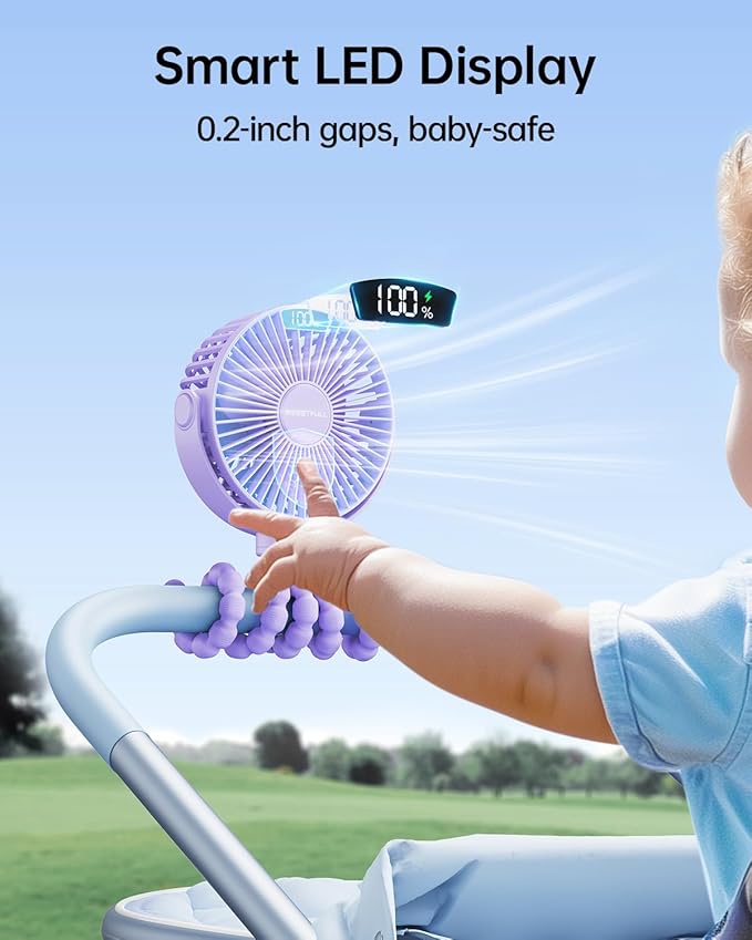 SWEETFULL Portable Stroller Fan with Display 4000mAh Battery Powered Mini Clip On Fan, 4-Speed Rechargeable Small Personal Cooling for Baby Car Seat Crib Travel - Purple