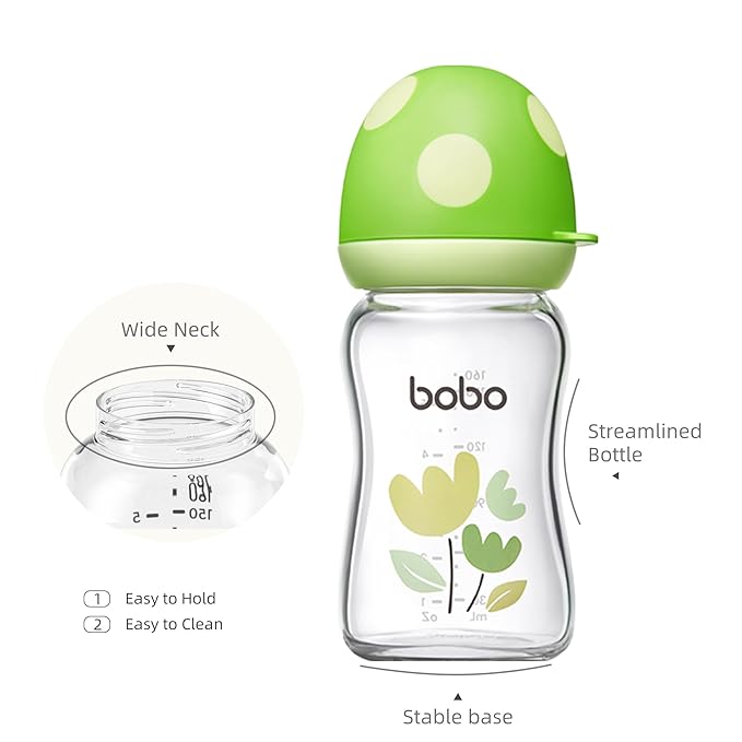 YOHKOH Natural Glass Baby Bottle with Natural Response Nipple, Newborn Anti-Colic Baby Bottles, Wide Neck Mushroom Cap Baby Bottle, Clear (Green, (5.4oz (Pack of 4))