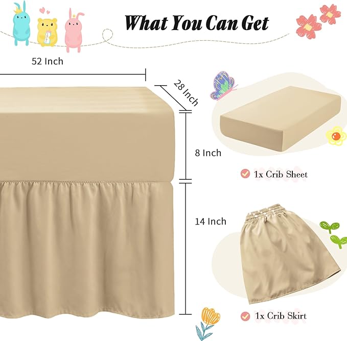 Horbaunal 2 Pack Set Crib Skirt & Crib Bed Sheet, Khaki Crib Bed Skirt 28" x 52" with 14" Drop Dust Ruffle, Soft Microfiber Toddler Bedskirt Nursery Bedding Skirt for Baby Girls and Boys