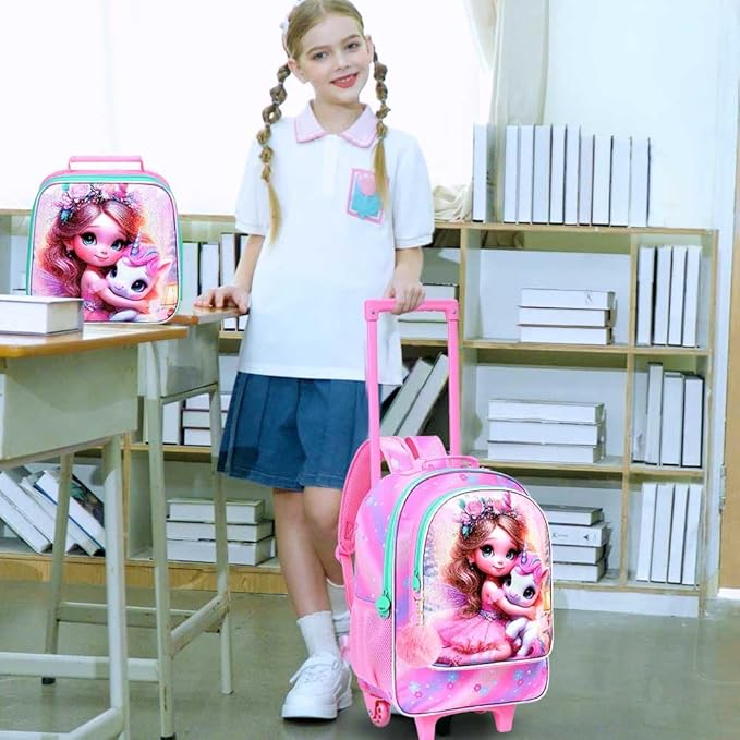gxtvo Girls Rolling Backpack, Cute Unicorn Roller Wheels Kids Bookbag - Wheeled Elementary School Bag