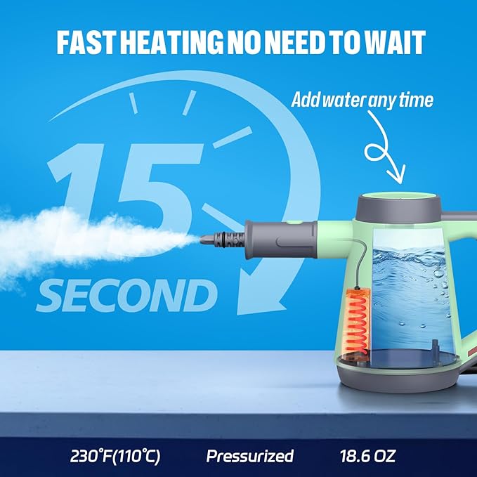 Handheld Pressurized Steam Cleaner - 15s Quick Start, Multi-Functional for Home, Kitchen, Bathroom, 8 Attachments, Chemical-Free, Safe & Efficient Cleaning Solution