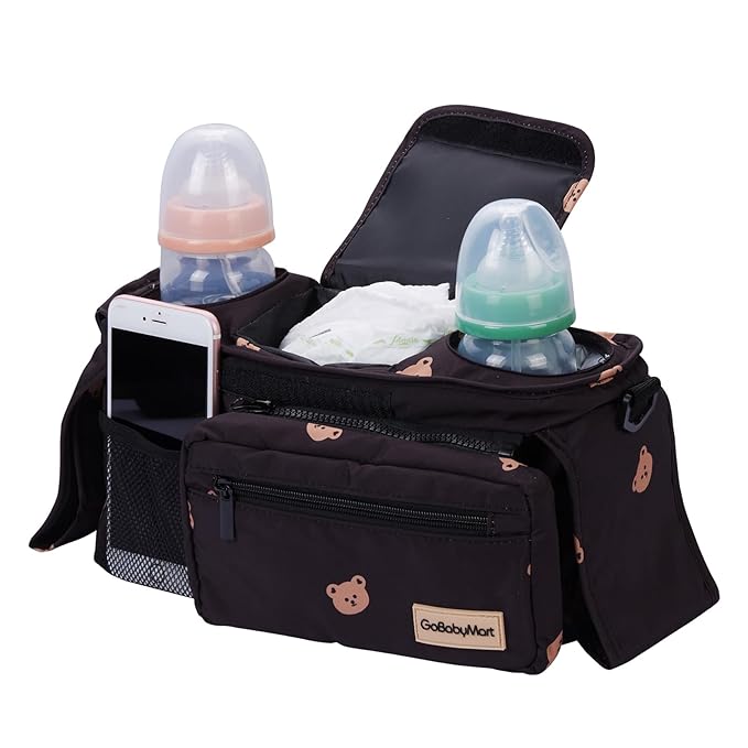 Universal Stroller Organizer with Cup Holders, Detachable Wristlet | Fits All Strollers | Stroller Diaper Bag Organizer with Phone Pocket, Insulated Bottle Holder & Storage Compartments