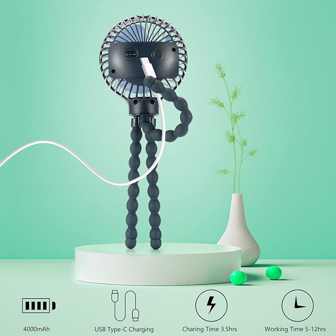 snawowo Mini Handheld Personal Portable Fan, Baby Stroller Fan, Car Seat USB or Battery Powered, with Flexible Tripod Clip on Student Bed Desk Bike Crib Treadmill Camping Traveling(Dark Blue)