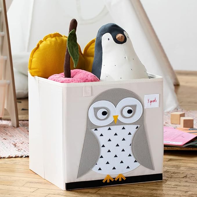 3 Sprouts Toy Storage Organizer: Toy Box Cube Organizer for Playroom, Nursery - Foldable Storage Bin - Owl