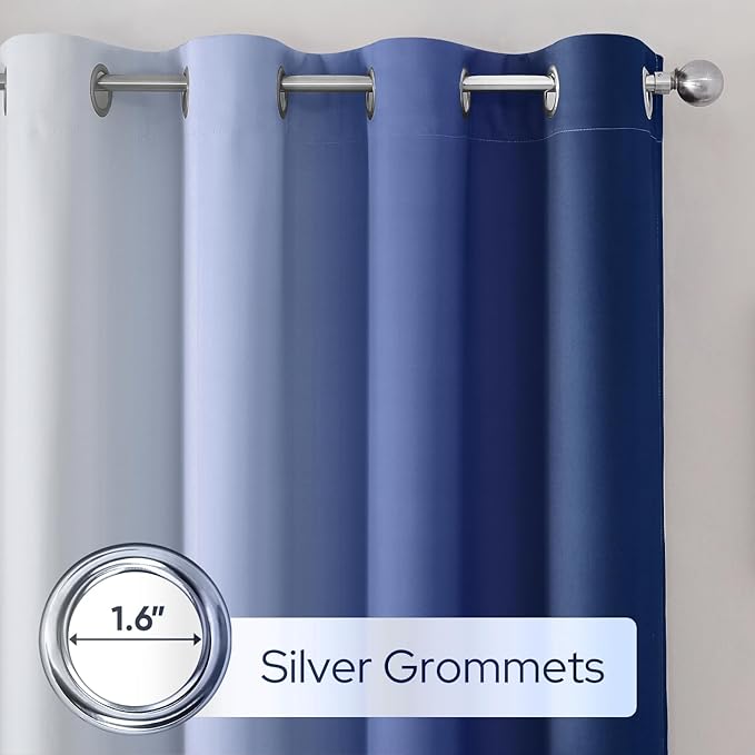 HOMEIDEAS Navy Blue Ombre Blackout Curtains, 52 X 63 Inch Length Gradient Color Room Darkening Curtains with Grommet Thermal Insulated Window Drapes for Living Room, Bedroom, 2 Panels