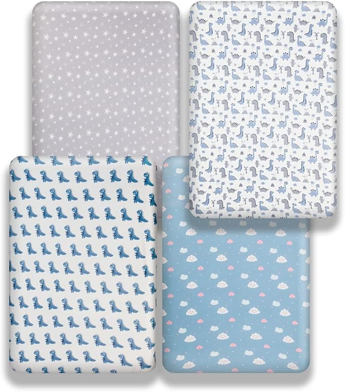 4 Pack Soft Baby Boy Crib Sheets for Standard Crib Mattress Dinosaur Star Cloud Soft Polyester Neutral Unisex Fitted Crib Sheets Set for Baby Boys