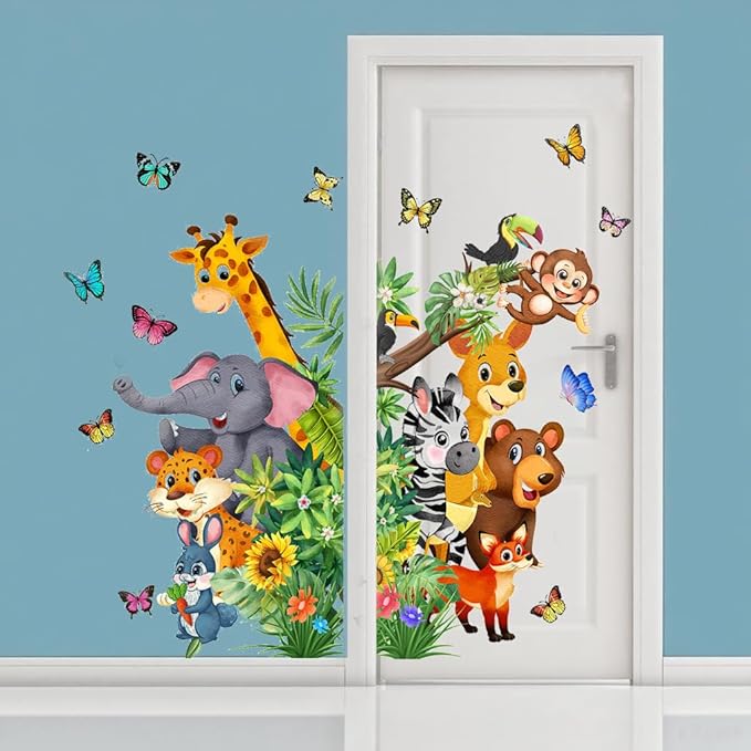 Jungle Animal Wall Decals, Cartoon Animal Sticker Safari Elephant Lion Monkey Wall Decals for Baby Room Playroom Bedroom Classroom Kindergarten Decor