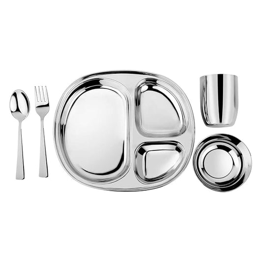 Ahimsa Stainless Steel Kids Dinnerware Set - 5 Piece Toddler Plates and Bowls Set, Pediatrician Designed, Includes Non Toxic Toddler Plate and Bowl, Kids Utensils and Cup (Classic Stainless Steel)