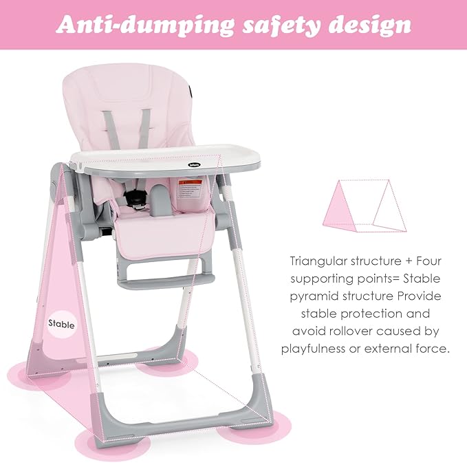 INFANS High Chair for Babies & Toddlers, Foldable Highchair with Multiple Adjustable Backrest, Footrest and Seat Height, Removable Tray, Detachable PU Leather Cushion, Built-in Rear Wheels (Pink)
