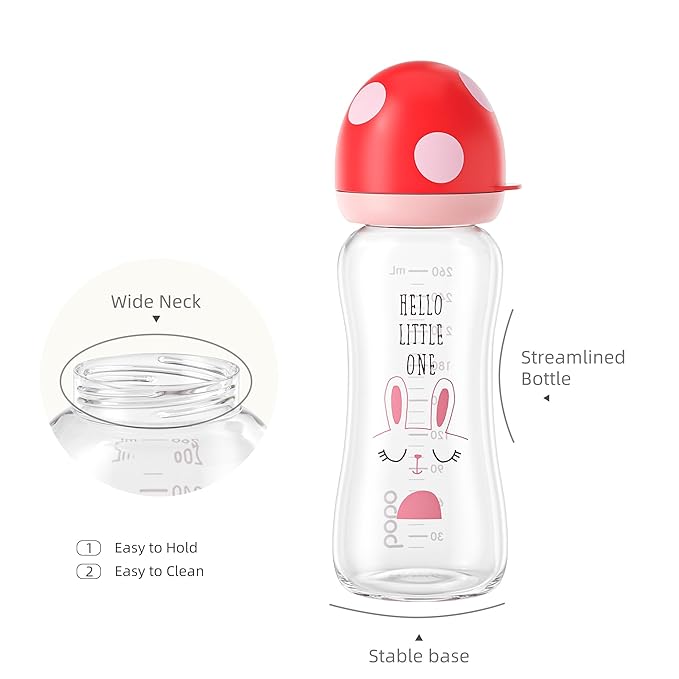 YOHKOH Natural Glass Baby Bottle with Natural Response Nipple, Newborn Anti-Colic Baby Bottles, Wide Neck Mushroom Cap Baby Bottle, Clear (8.8ounce (Pack of 2), Red1)