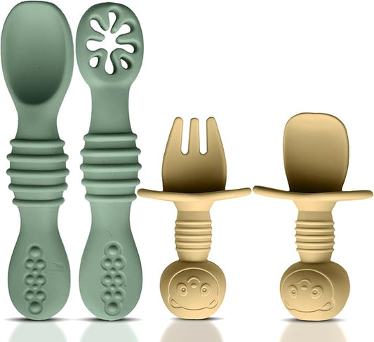 4pc Silicone Baby Spoons Self Feeding Baby Utensils 6-12 Months - 3 Baby Spoon - 1 Baby Fork - Toddler Cutlery Set - BPA Free, Dishwasher Safe - Baby Eating Essentials (Green/Yellow) - Small