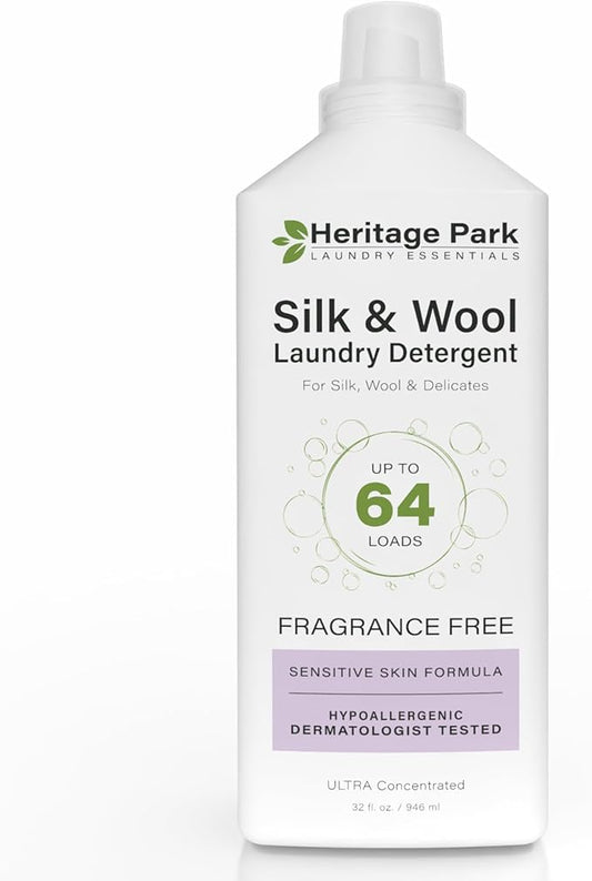 Heritage Park Silk & Wool Fragrance Free, Hypoallergenic, pH-Neutral Laundry Detergent – Dermatologist-tested, Sensitive Skin-Friendly, Enzyme-Free, Concentrated Up to 64 loads (32 fl oz)