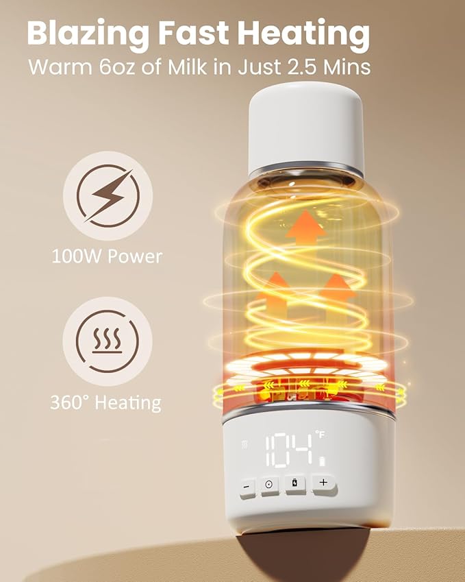 Portable Bottle Warmer for Travel, 2.5 Min Fast Heating for Breast Milk and Formula, Portable Milk Warmer with 10400mAh Long Battery, 17oz Large Capacity, Fast Charging Baby Bottle Warmer