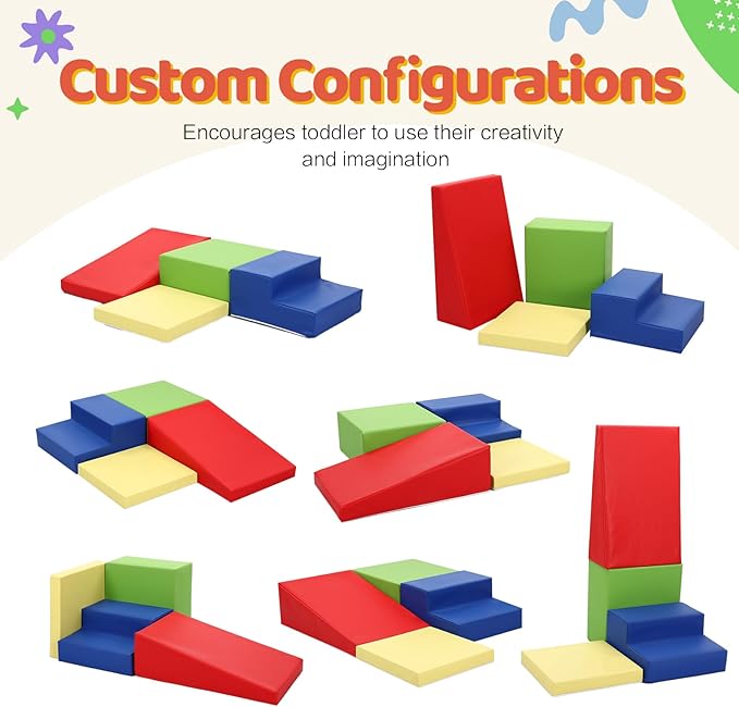 4-Piece PU Leather Baby Foam Climbing Blocks for Toddlers - Soft Play Climbing Toys for Toddlers - Foam Climbing Set for Crawling and Sliding Indoor (Red Yellow Blue)