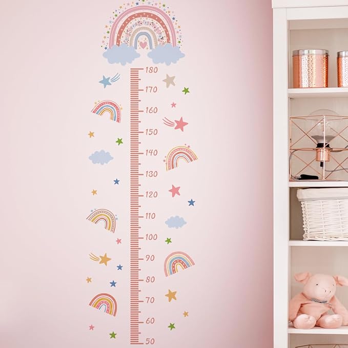 3D Cartoon Height Growth Chart for Kids - Removable DIY Pink Rainbow Wall Decal Peel and Stick Stars and White Clouds Wall Art Decor for Kids Nursery, Bedroom, Bathroom