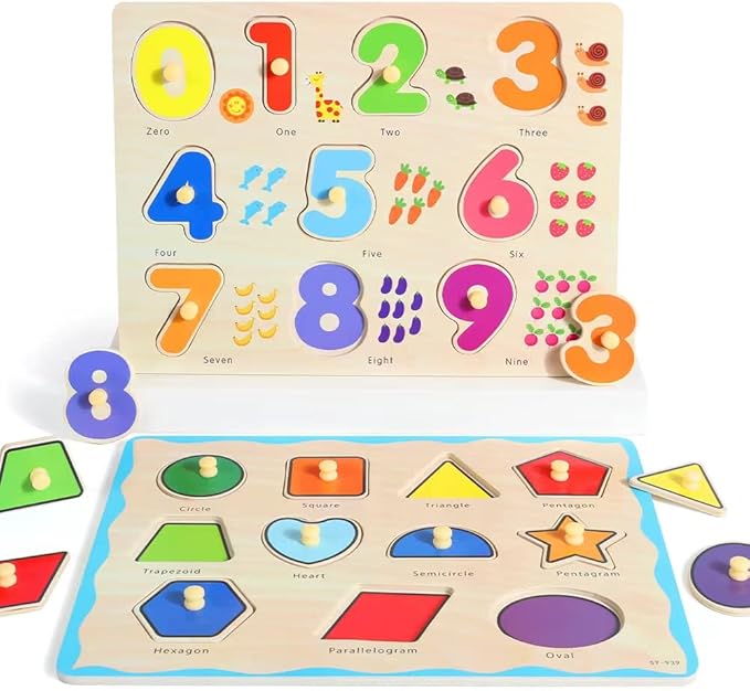 GRINNNIE Wooden Montessori Toddler Puzzles for 1 2 3 4 Years Old, 3 Pcs (Number, Letter, Shape) Kids Preschool Educational Peg Puzzle Set