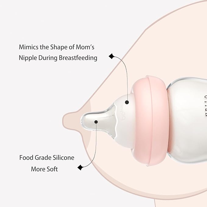 YOHKOH Natural Glass Baby Bottle with Natural Response Nipple, Newborn Anti-Colic Baby Bottles, Wide Neck Mushroom Cap Baby Bottle, Clear ((5.4oz (Pack of 4), Purple)