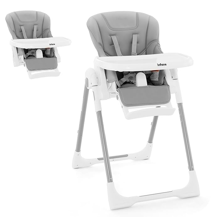 INFANS High Chair for Babies & Toddlers, Foldable Highchair with Multiple Adjustable Backrest Footrest Seat Height, Removable Tray, Detachable PU Leather Cushion Wheels (with Booster, Light Grey)