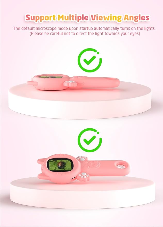 2-in-1 Microscope Camera for Kids, Mini Handheld Microscope Supporting Multiple Viewing Angles, Outdoor Educational Science Adventure Toys, Birthday Gifts for 3-10 Years Old Girls, Pink Cat