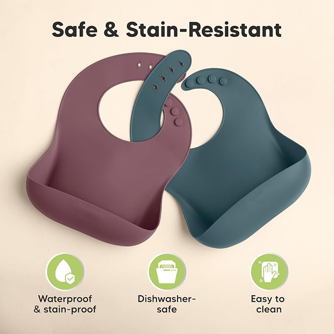 KeaBabies 2-Pack Silicone Baby Bibs for Eating - Sturdy Food-Grade Silicone Bibs for Babies Girl, Boy, Large Food Catcher, Clean & Put On Easily, Waterproof Toddler Feeding Essentials (Rocky)