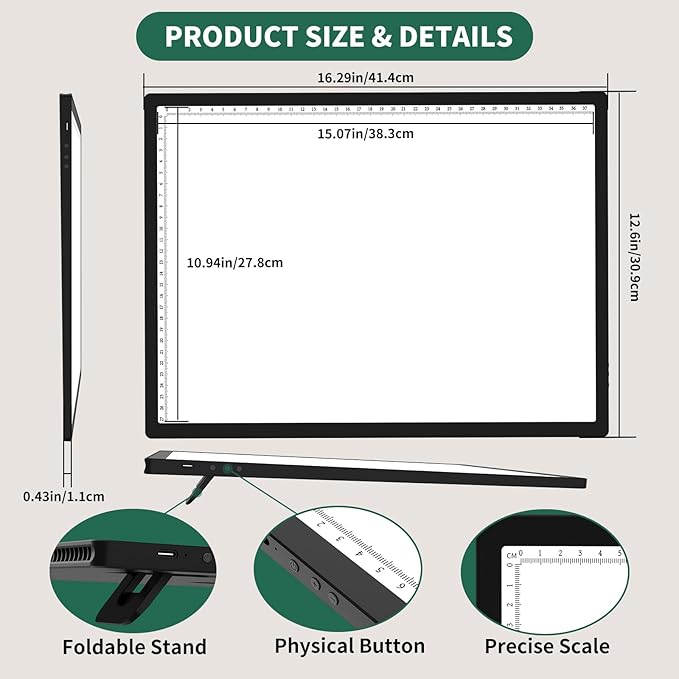 HIUKCOLED A3 Built-in Tilt Stand Light Tracing Box with Carry Bag, 3 Colors/Stepless Dimmable/6-level Brightness Adjustable, Battery Powered LED Light Board for Drawing,Diamond Painting,Sketching