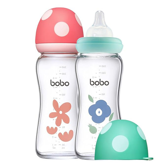 YOHKOH Natural Glass Baby Bottle with Natural Response Nipple, Newborn Anti-Colic Baby Bottles, Wide Neck Mushroom Cap Baby Bottle, Clear (8.8oz (Pack of 2), Multicolour)