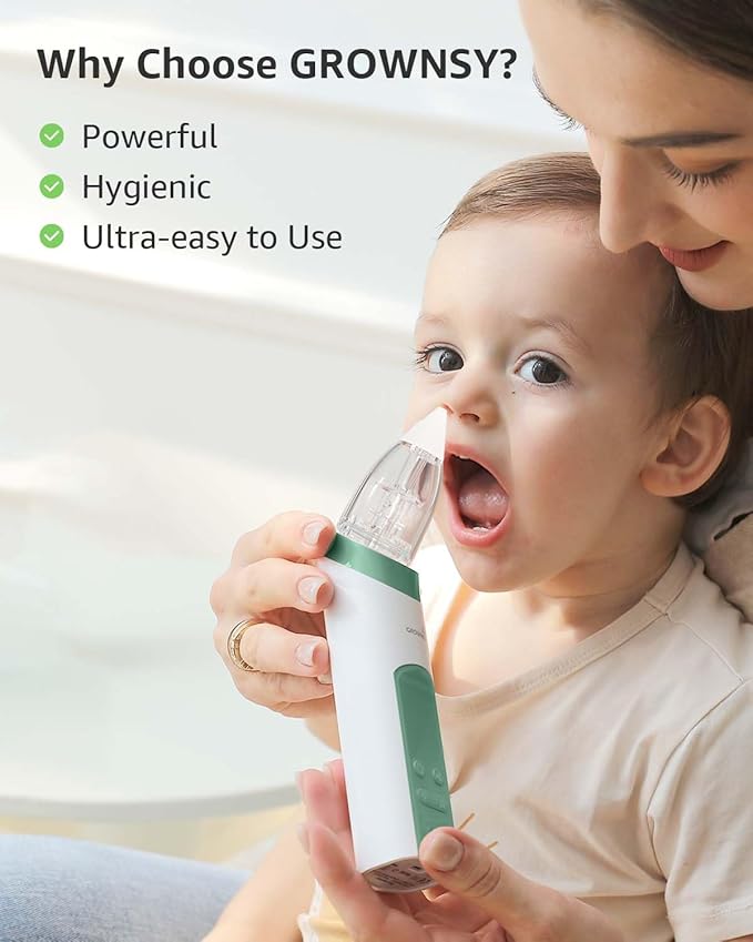GROWNSY Nasal Aspirator for Baby, Electric Nose Aspirator for Toddler, Baby Nose Sucker, Automatic Nose Cleaner with 3 Silicone Tips, Adjustable Suctions, Music and Light Soothing Function (Green)
