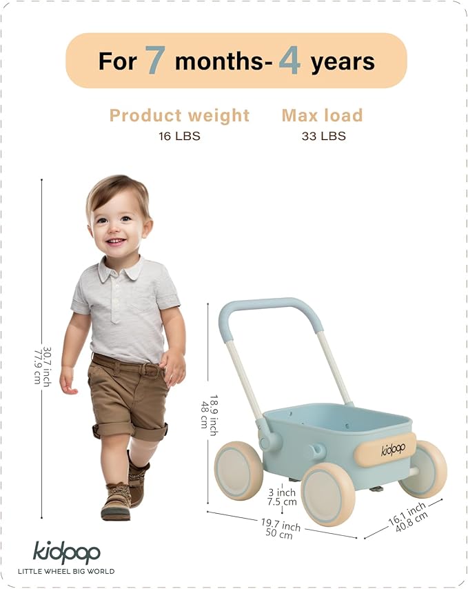 Kidpop PULA 2-in-1 Push and Pull-Along Wagon, Baby Push Walker for First Learner from 7 Month to 4 Year, One Year Birthday Gifts, Sturdy and Safe, Indoors and Outdoors (Blue)