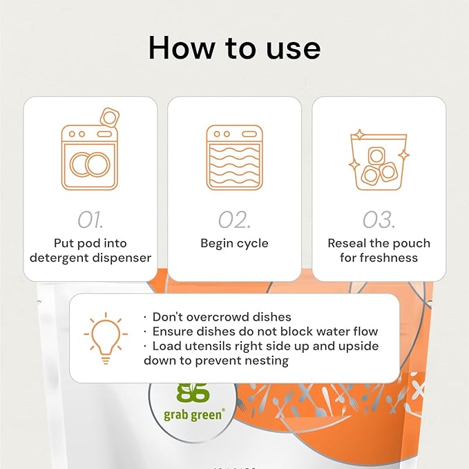 Grab Green Automatic Dishwashing Detergent Pods, 24 Count, Tangerine Lemongrass Scent, Plant and Mineral Based, Superior Cleaning, Powerful Grease Removal, Brilliant Shine