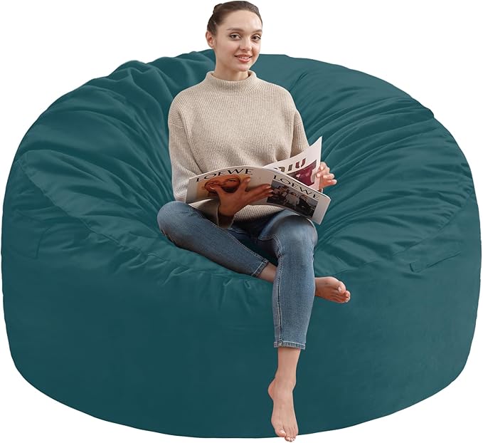 4FT Bean Bag Chair, Large Bean Bag Chairs with Memory Foam Filled, Fluffy Beanbag Sofa with Dutch Velvet Cover, Round BeanBag Chairs for Living Room, Playroom - Sea Blue