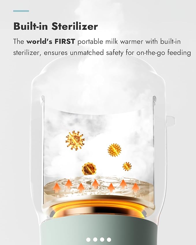 Papablic Pro Portable Bottle Warmer for Travel – Fast Heating, Built-in Sterilizer, 30W Fast Charge, 5-Temp Control, Easy-Clean Wide Mouth, Baby Milk Warmer for Breastmilk & Formula, Mint Green