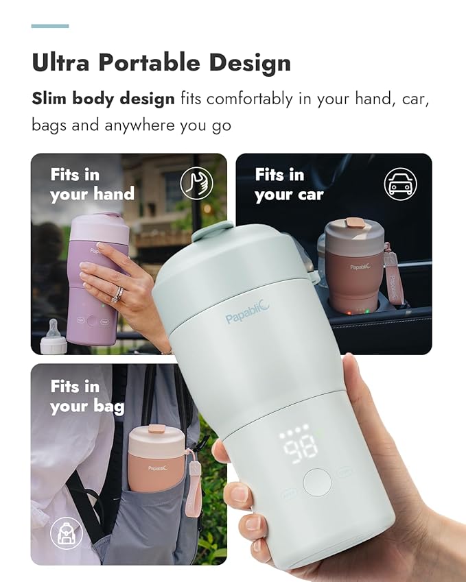 Papablic Pro Portable Bottle Warmer for Travel – Fast Heating, Built-in Sterilizer, 30W Fast Charge, 5-Temp Control, Easy-Clean Wide Mouth, Baby Milk Warmer for Breastmilk & Formula, Mint Green