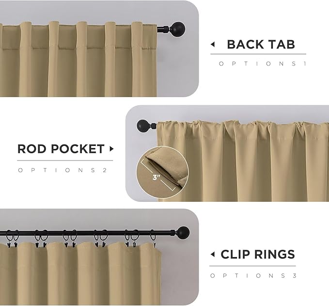 Joydeco 72 Inch Blackout Curtains for Bedroom, Thermal Insulated Black Out Curtains, Room Darkening Drapes for Living Room Window Rod Pocket Back Tab (W52 x L72 Inch, Beige)