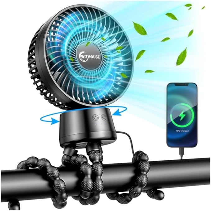 20000mAh Portable Stroller Fan with Auto Oscillating, Extended Anti-Slip Detachable Flexible Tripod, Power Bank & LED Light, 3-Speed Quiet Long Time Cooling Clip On Fans for Baby Crib Car Seat Travel