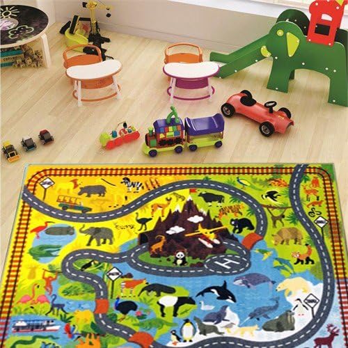 KC Cubs 3x5 Animal Safari Toy Car Road Rug – Educational Play Mat Carpet for Kids, Toddlers, Nursery, Classroom, Playroom, Baby Daycare, Boys & Girls